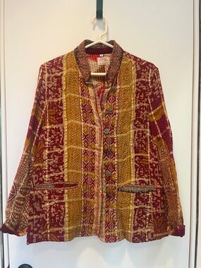 Bohemian Patchwork Button-Front Jacket - Red & Mustard